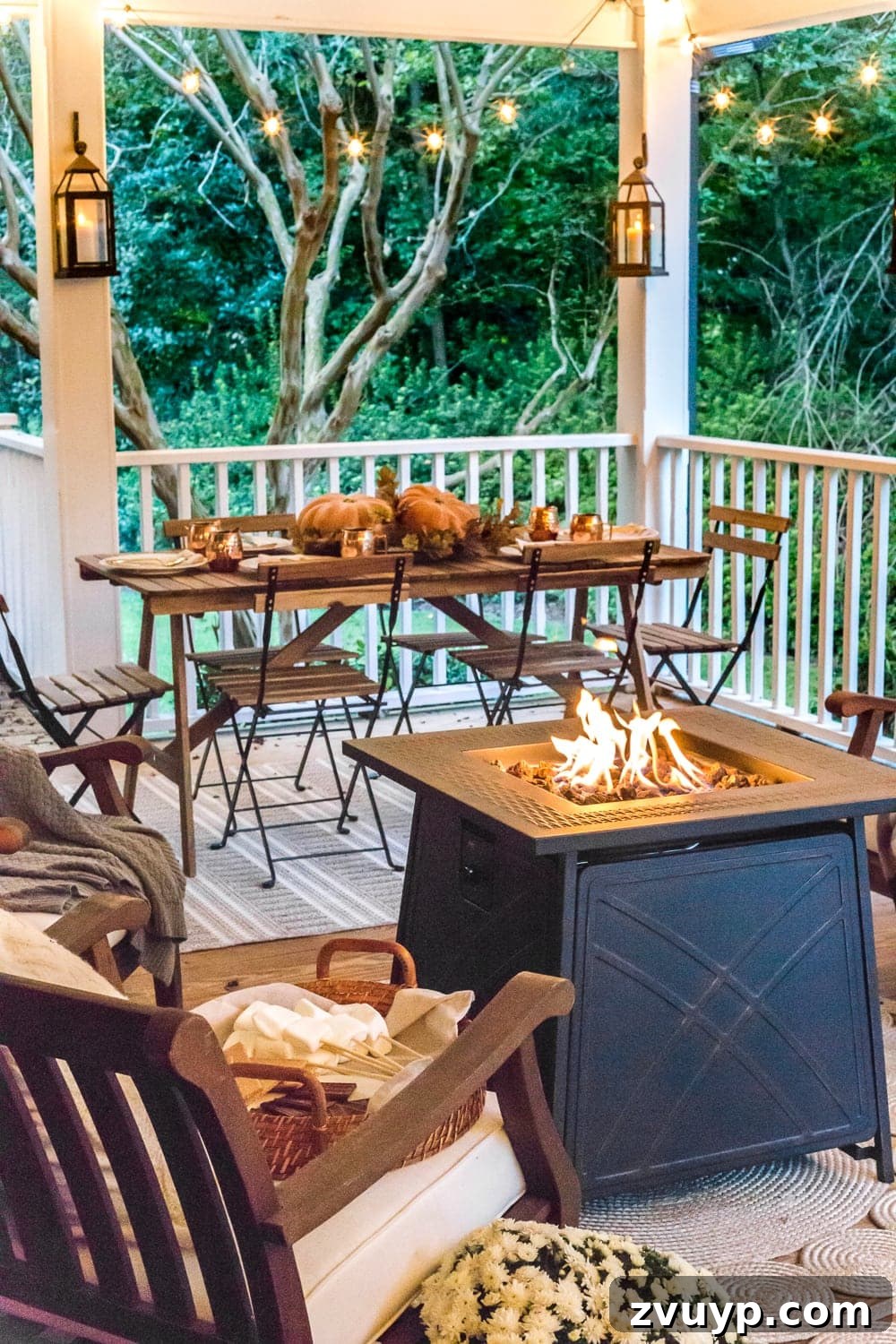 Autumn Porch Retreat: Crafting Cozy Outdoor Style 20 cozy fall porch with fire pit, string lights, and lanterns