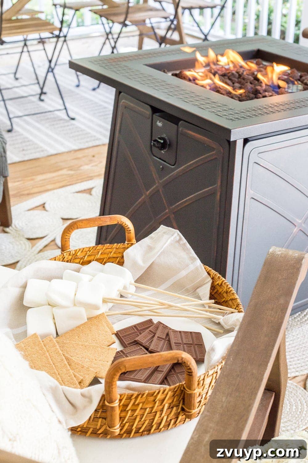 Autumn Porch Retreat: Crafting Cozy Outdoor Style 4 Cozy fall porch with gas fire pit and s'mores | outdoor fall entertaining