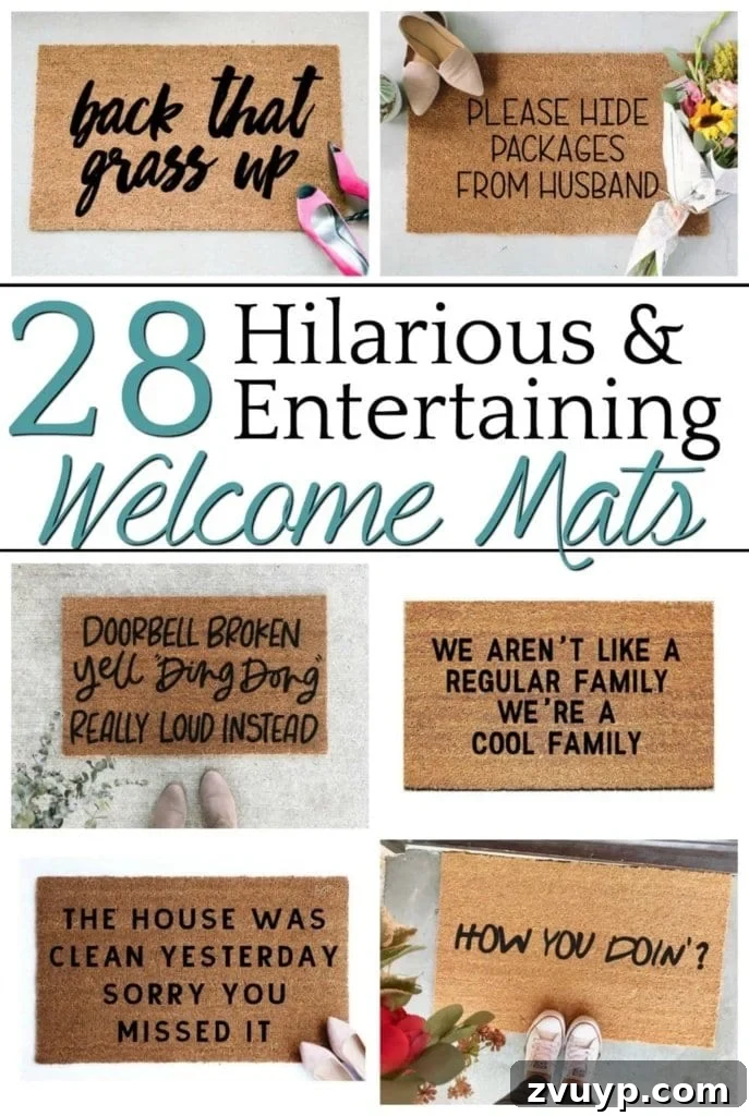 A home decor shopping guide with 28 of the most hilarious, entertaining, and cheeky welcome mats to add personality to your porch or entryway. #welcomemat
