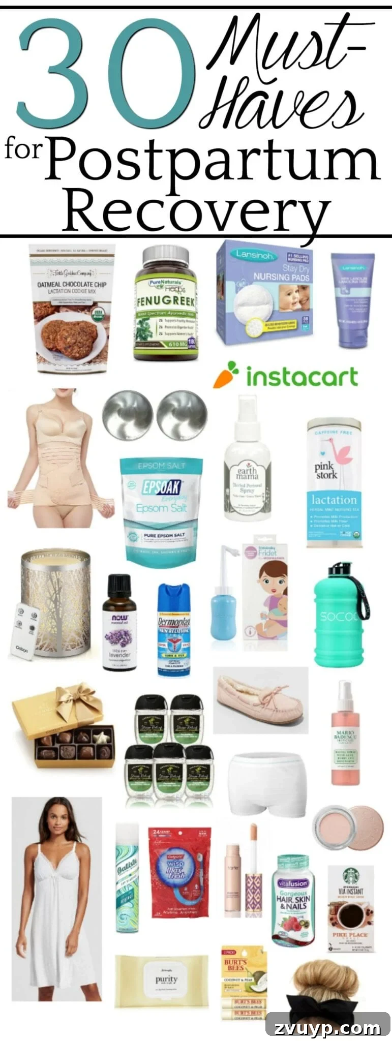 30 Essential Items for Postpartum Healing 2 A selection of postpartum recovery essentials including a belly wrap, nursing pads, and healing sprays for new mothers