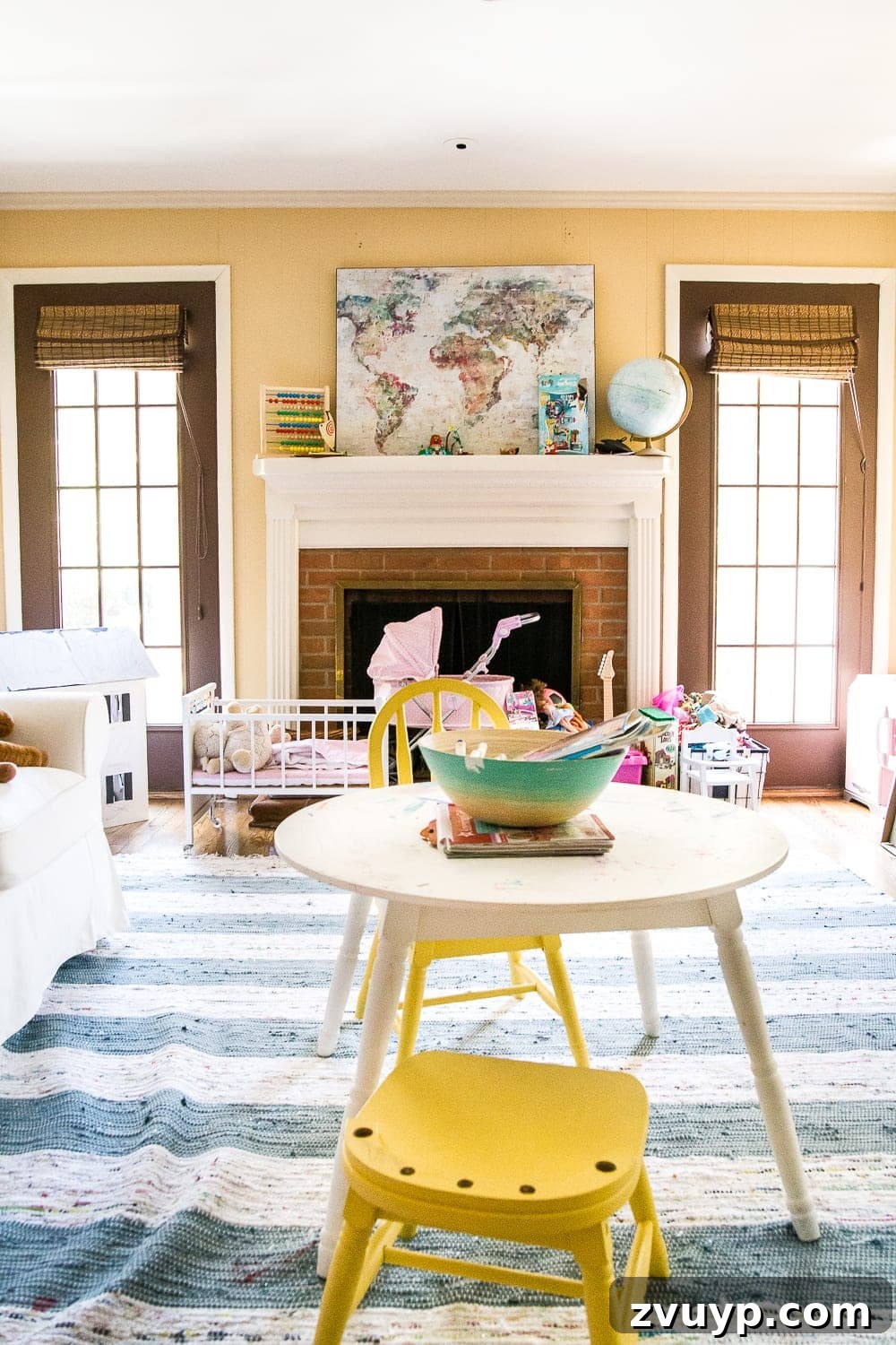 Declutter before you decorate: a clean playroom with organized storage