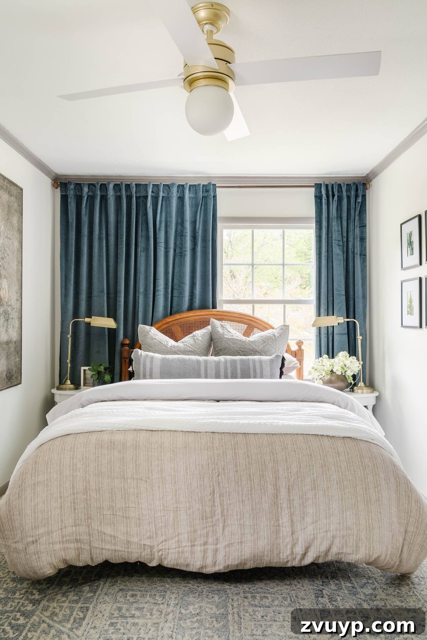 Bedroom with an off-centered window and correctly hung high and wide curtains