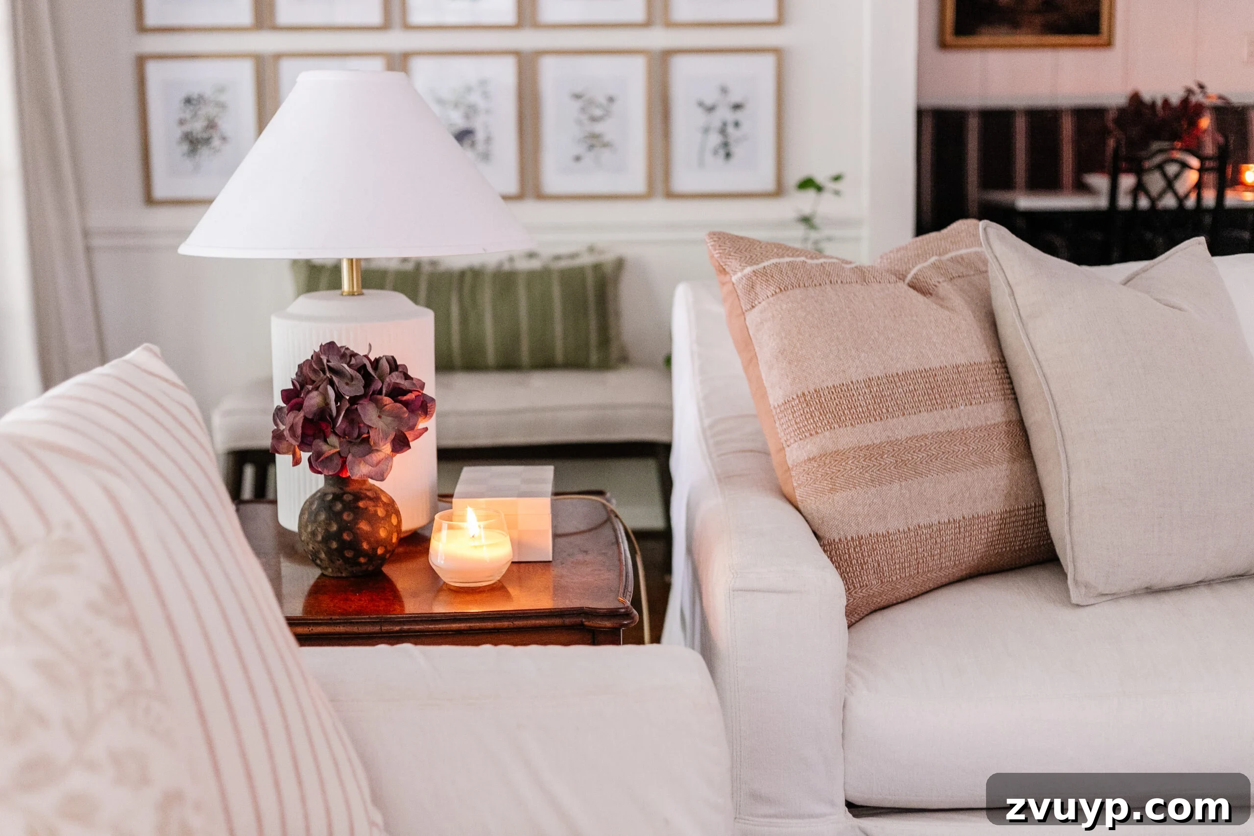 Styled end table decor in a modern living room