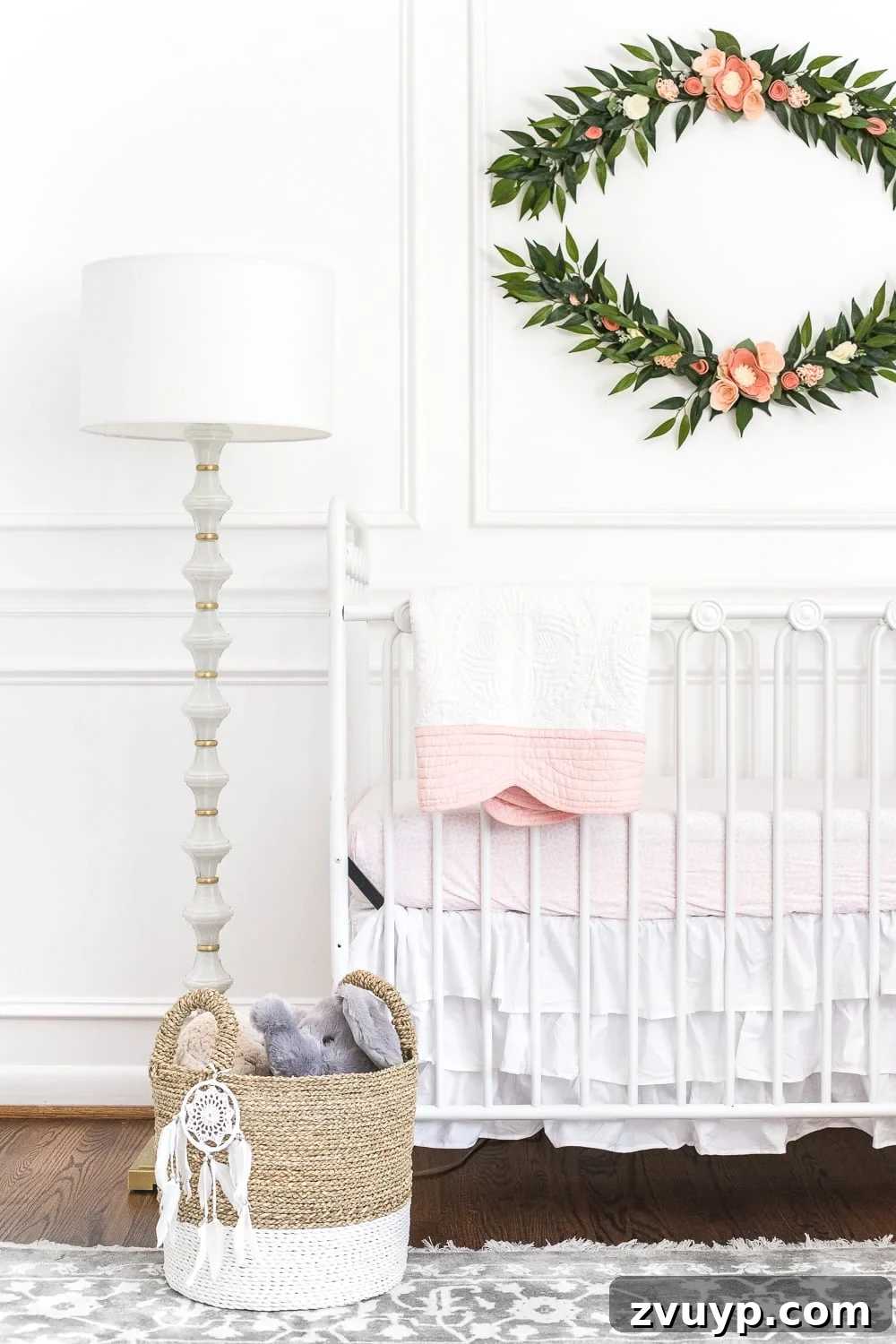 Dreamy White Floral Nursery Transformation 13 An all white nursery makeover room reveal with classic, vintage style furniture, Anthropologie-inspired patterns and textures, and floral accents.