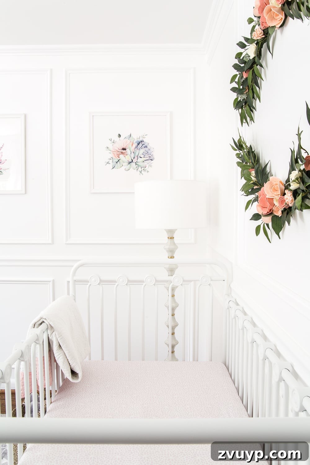 Dreamy White Floral Nursery Transformation 14 An all white nursery makeover room reveal with classic, vintage style furniture, Anthropologie-inspired patterns and textures, and floral accents.