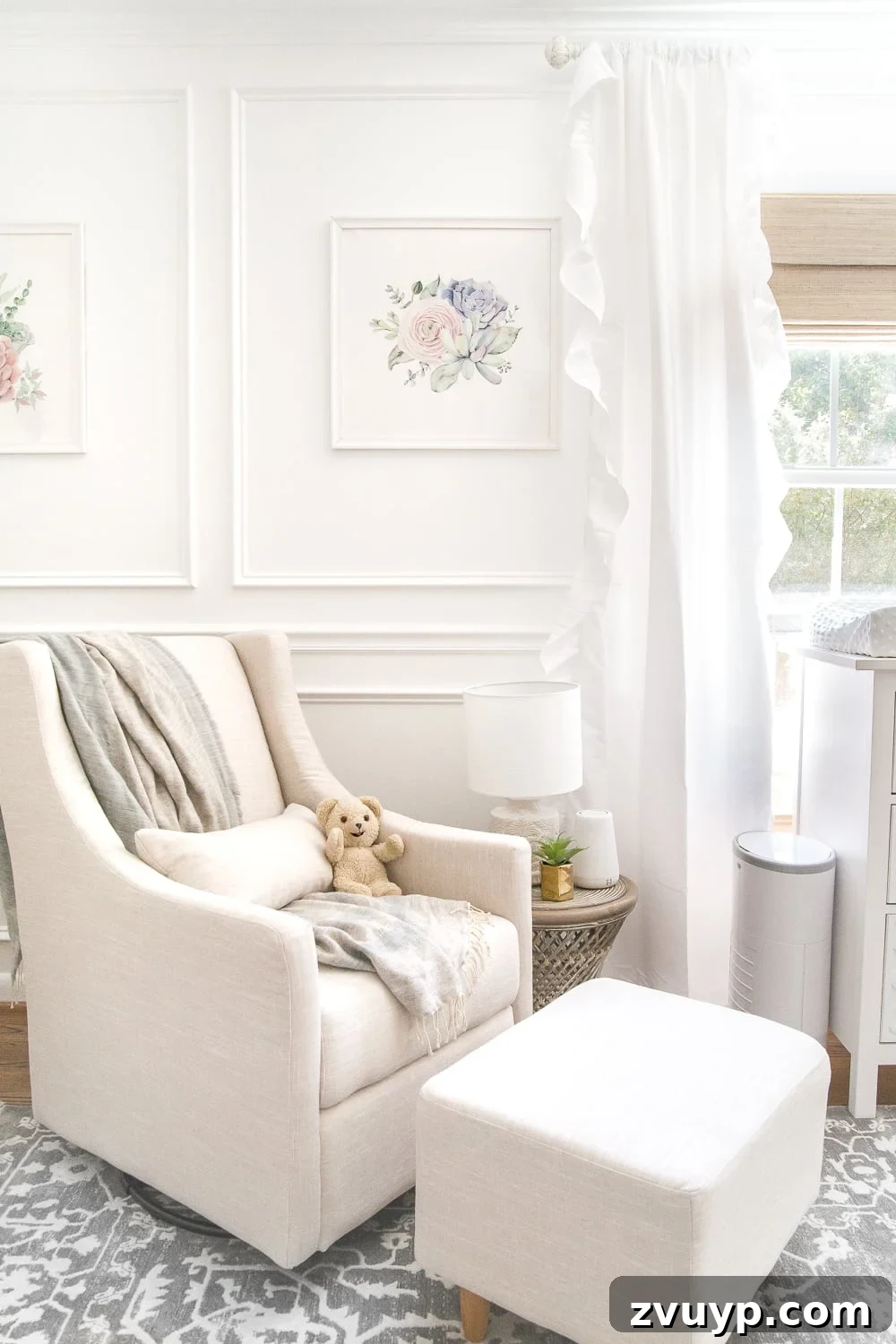 Dreamy White Floral Nursery Transformation 16 An all white nursery makeover room reveal with classic, vintage style furniture, Anthropologie-inspired patterns and textures, and floral accents.