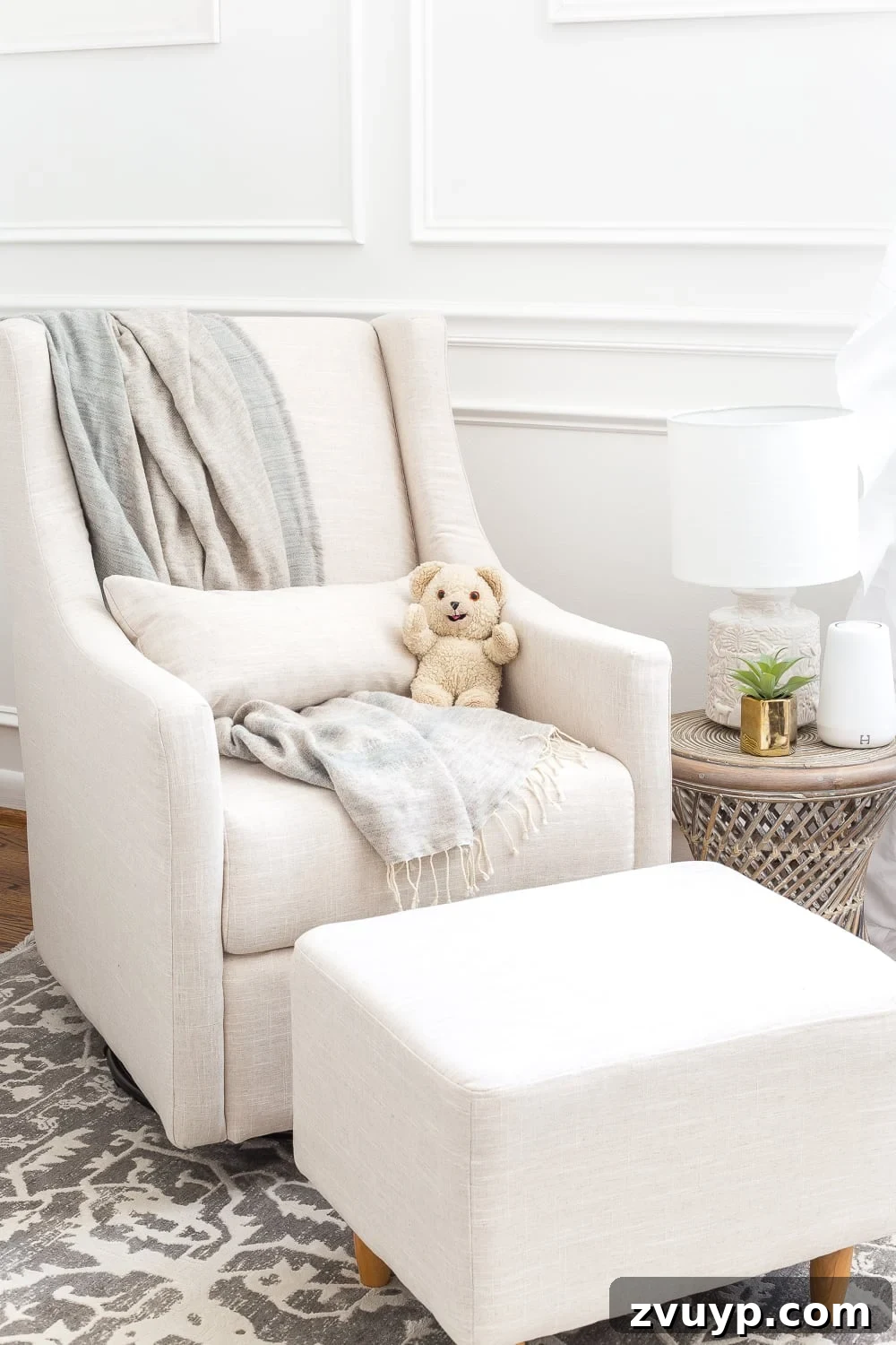 Dreamy White Floral Nursery Transformation 17 An all white nursery makeover room reveal with classic, vintage style furniture, Anthropologie-inspired patterns and textures, and floral accents.