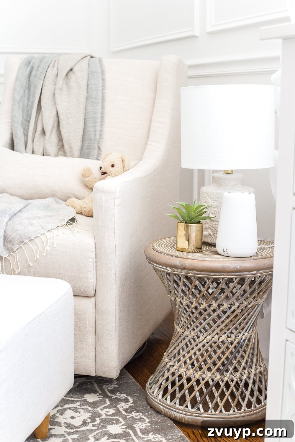 Dreamy White Floral Nursery Transformation 18 An all white nursery makeover room reveal with classic, vintage style furniture, Anthropologie-inspired patterns and textures, and floral accents.