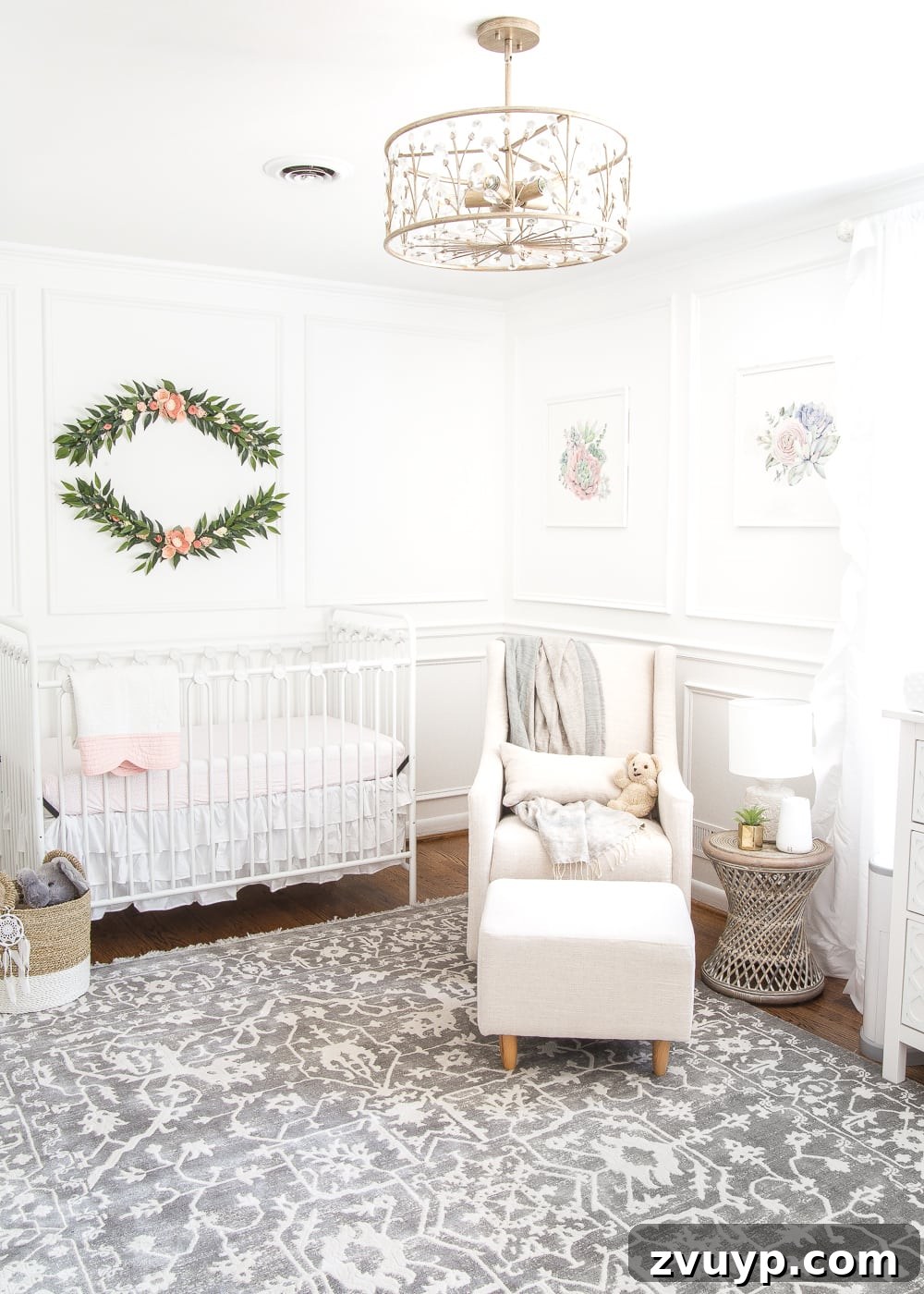 Dreamy White Floral Nursery Transformation 3 An all white nursery makeover room reveal with classic, vintage style furniture, Anthropologie-inspired patterns and textures, and floral accents.