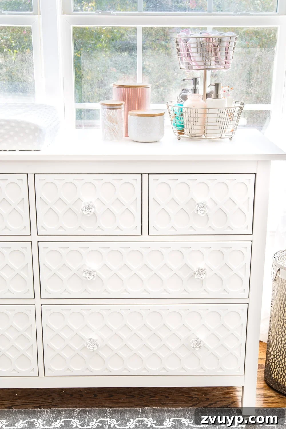 Dreamy White Floral Nursery Transformation 22 An all white nursery makeover room reveal with classic, vintage style furniture, Anthropologie-inspired patterns and textures, and floral accents.