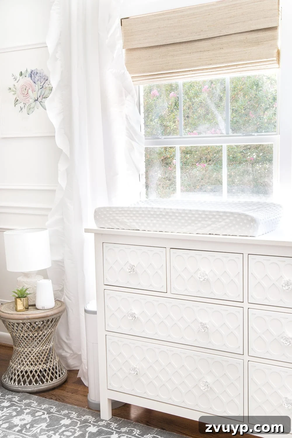 Dreamy White Floral Nursery Transformation 25 An all white nursery makeover room reveal with classic, vintage style furniture, Anthropologie-inspired patterns and textures, and floral accents.