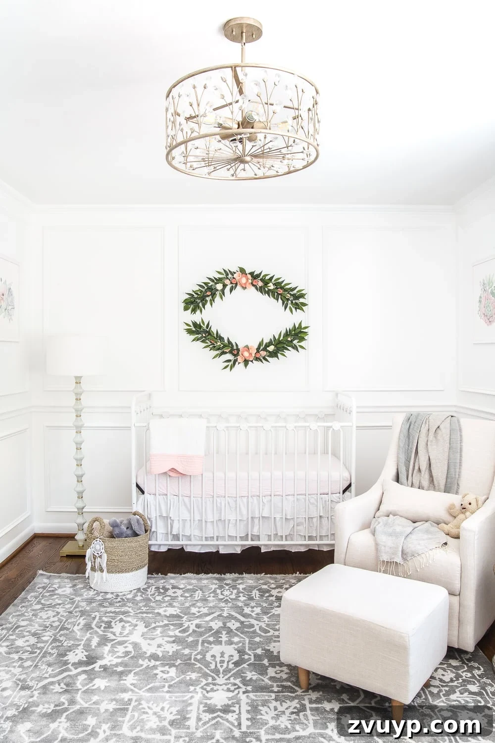 Dreamy White Floral Nursery Transformation 10 An all white nursery makeover room reveal with classic, vintage style furniture, Anthropologie-inspired patterns and textures, and floral accents.