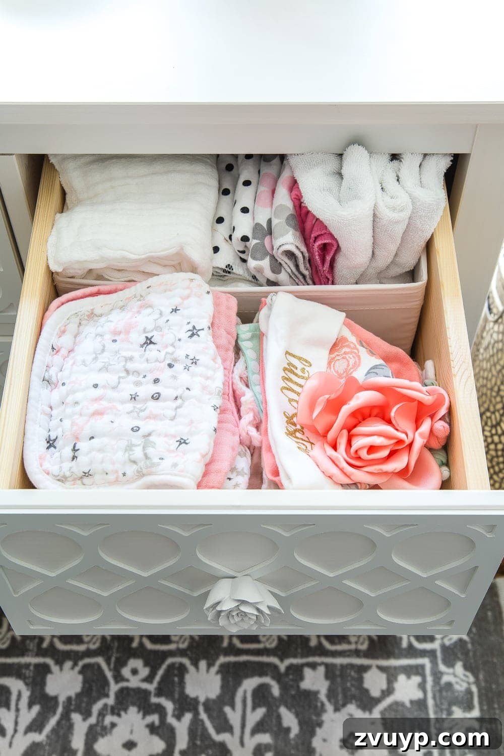 Inside Our Perfectly Organized Nursery 12 Nursery Organization | Dresser drawers with dividers for organized storage of burp cloths, bibs, and hats