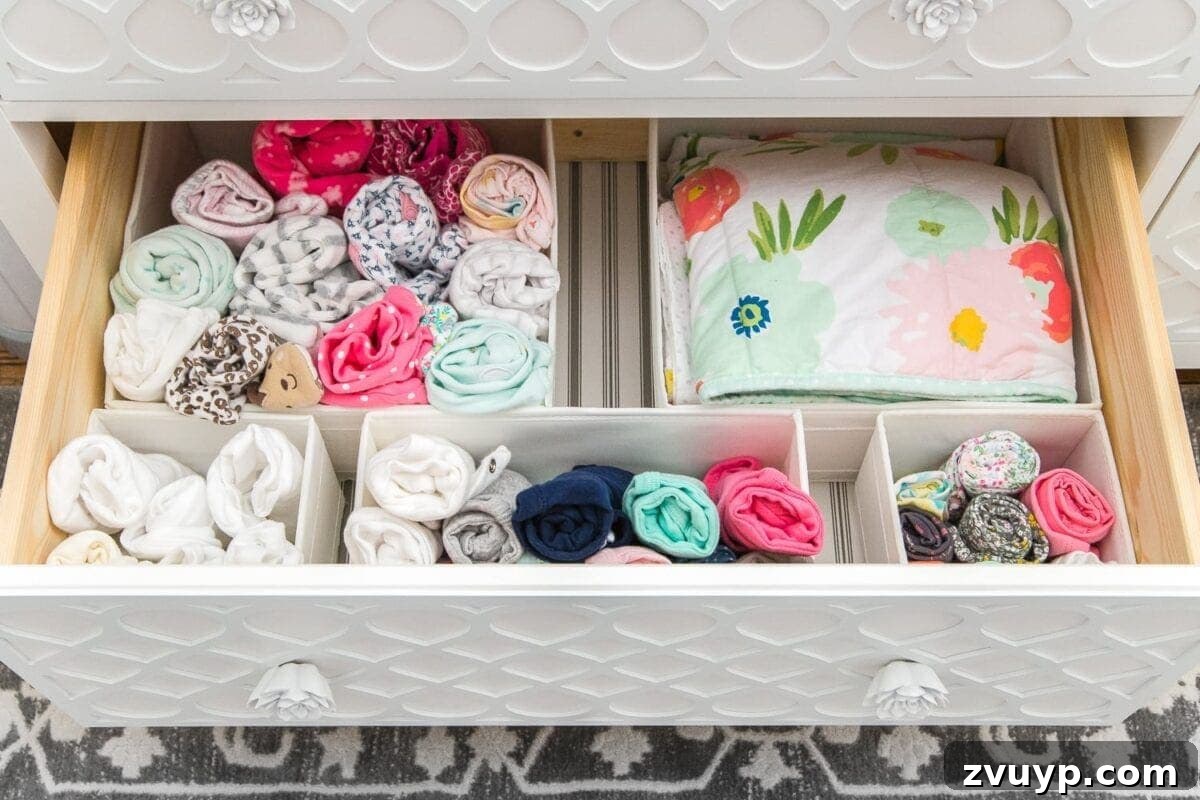 Inside Our Perfectly Organized Nursery 15 Nursery Organization | Dresser drawers with dividers to store baby clothing in categories