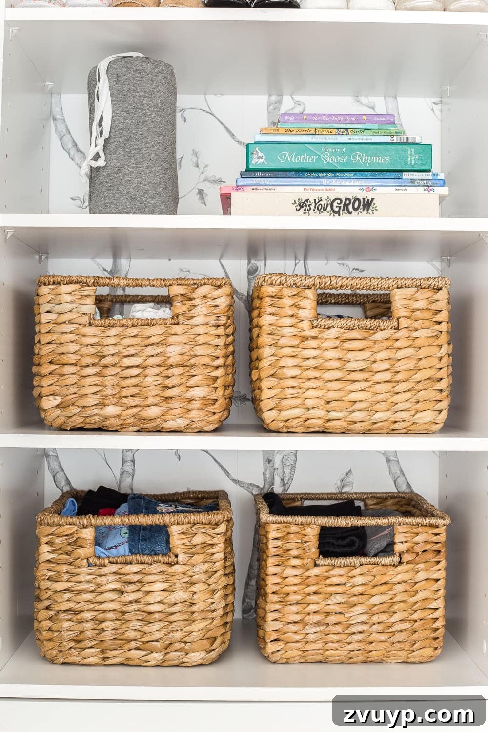 Organized Nursery Closet Makeover Plus Free Printable Dividers 10 Nursery closet organization with baskets and shelving for books