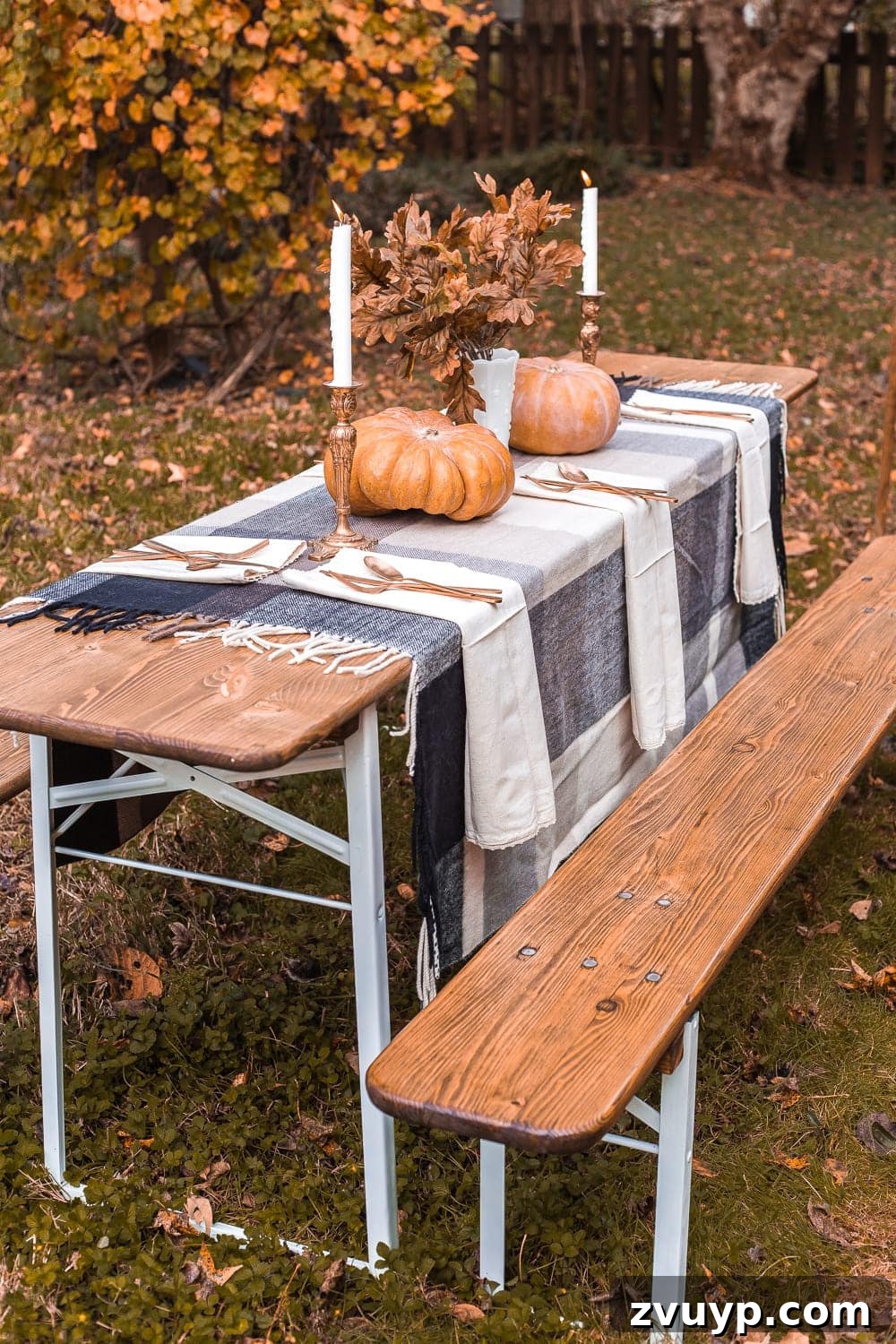Our newly refinished antique beer garden table set up for an alfresco Thanksgiving celebration outdoors