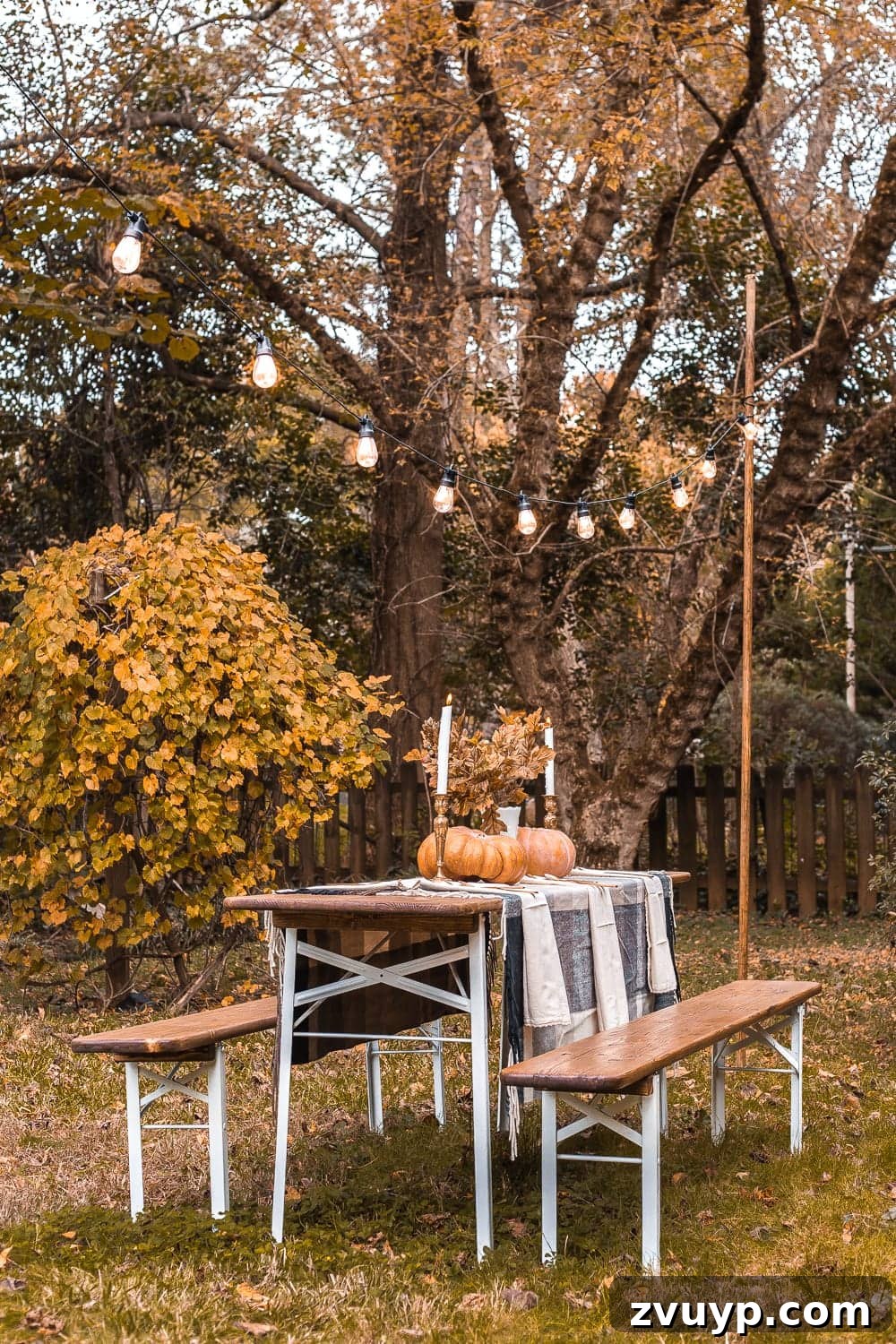 Cozy fall scene with the beer garden table, string lights, and autumn foliage in the background