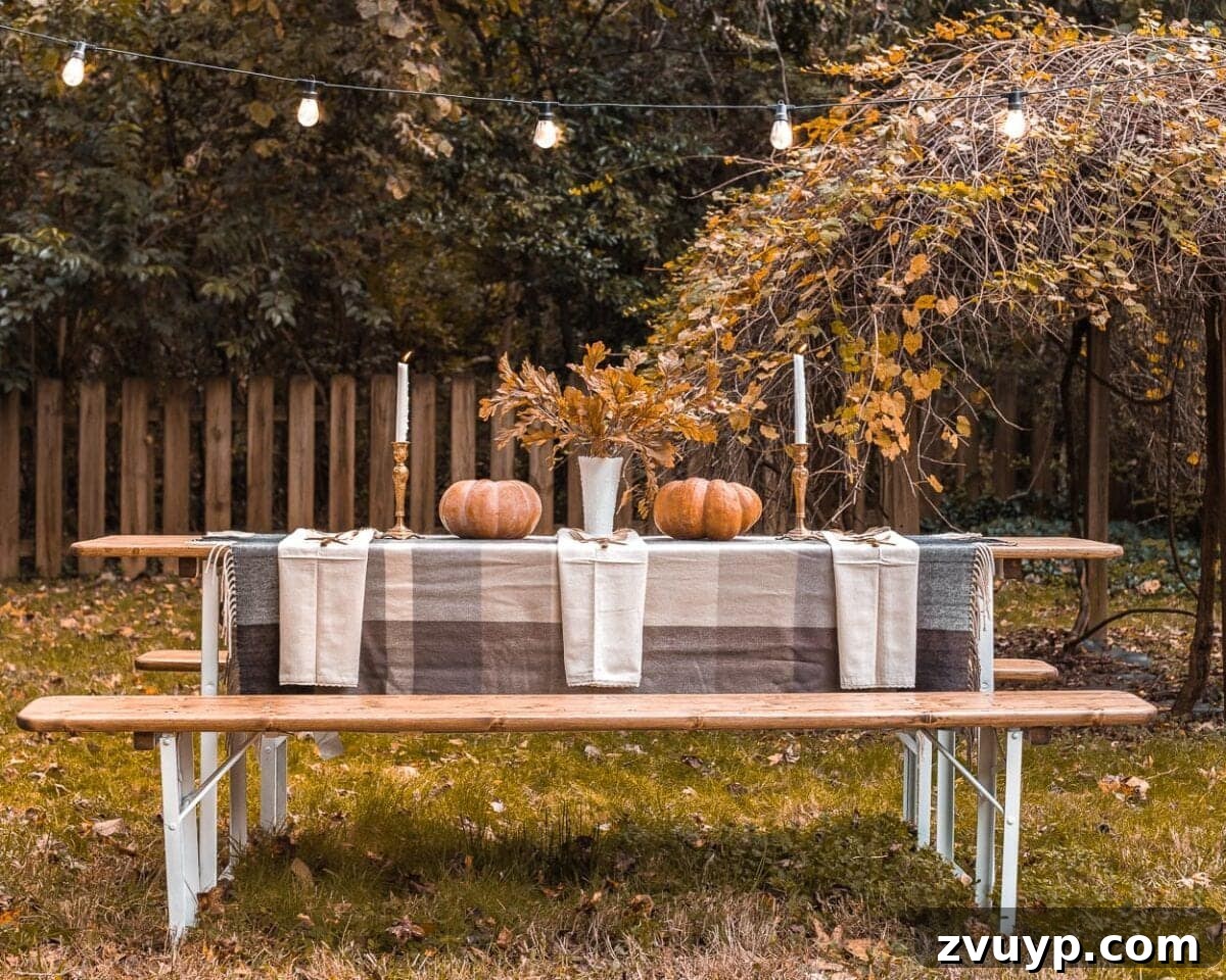 Overhead view of the outdoor Thanksgiving table setting on the refinished beer garden table
