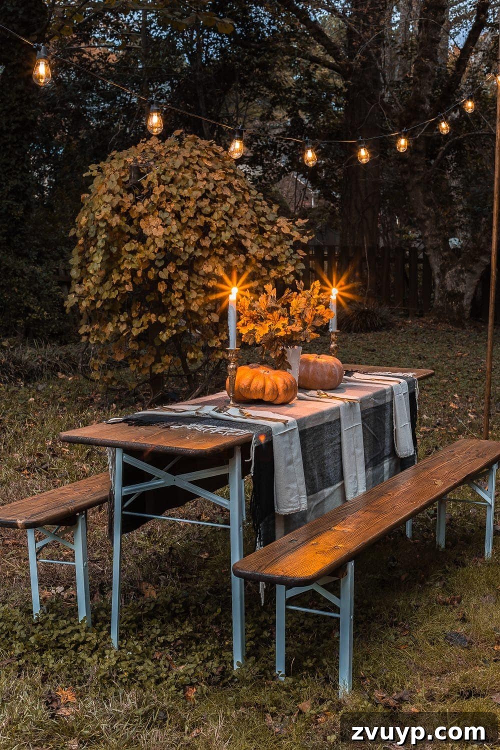 Close-up of string lights glowing above the decorated beer garden table during twilight