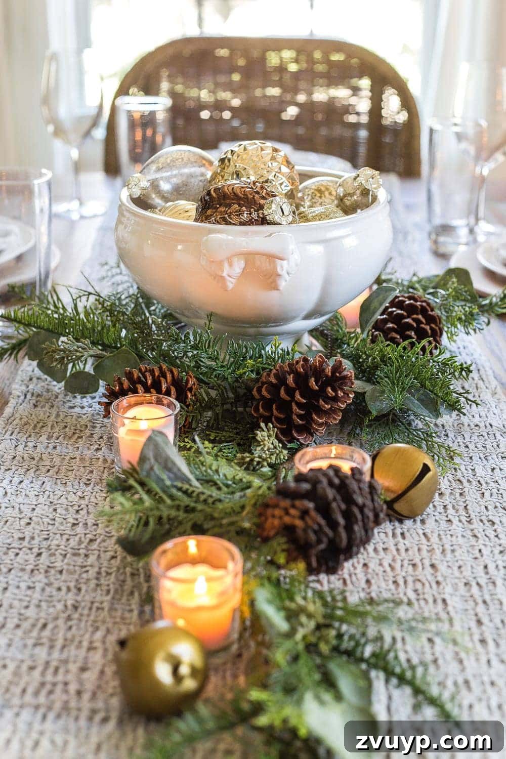 Festive Home Tours 2018 12 Another close-up of the elegant Christmas dining table setting, highlighting the simple ribbon detail on the napkins.