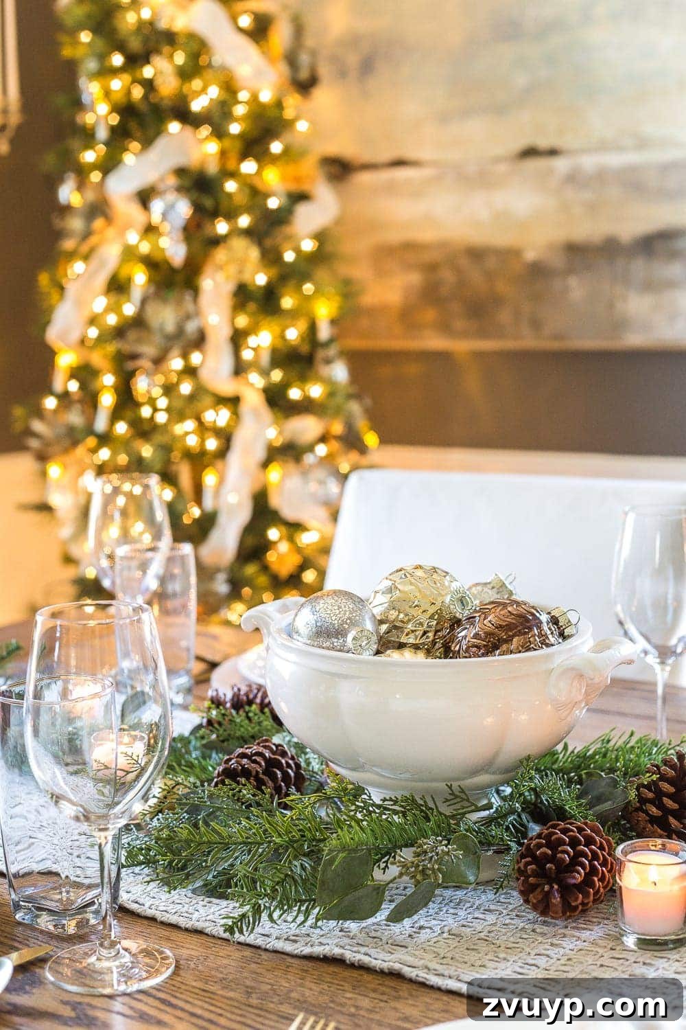 Festive Home Tours 2018 15 Another view of the dining room highlighting the warm ambiance created by the Christmas decorations and sparkling mirrors.