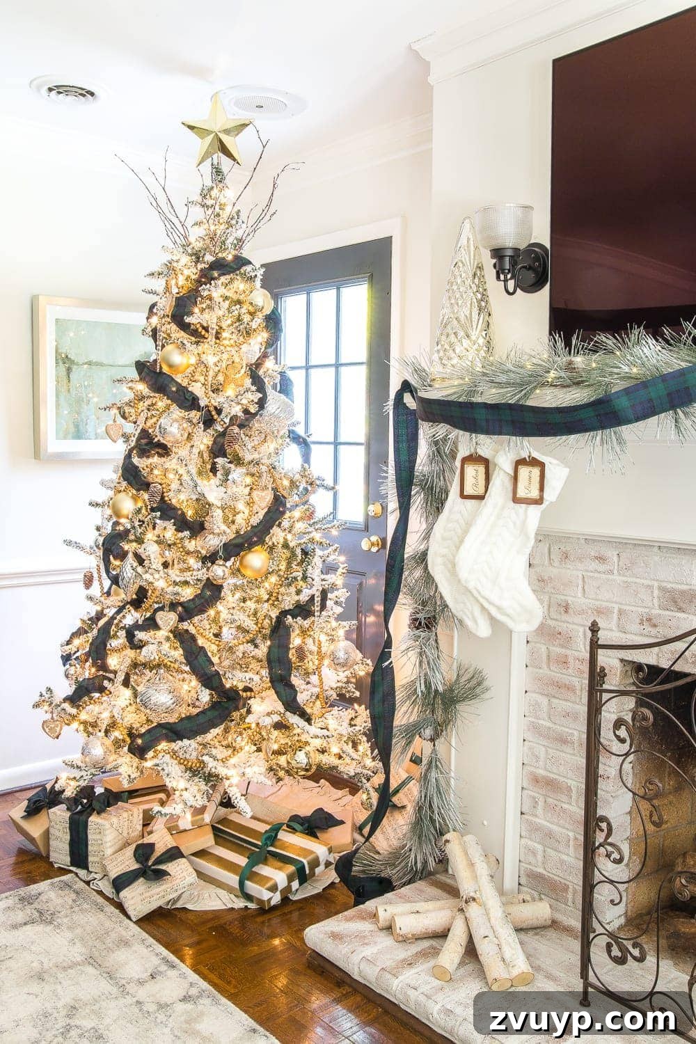 Festive Home Tours 2018 26 Christmas tree adorned with various ornaments, including unique sheet music decoupage designs, adding a vintage and personal touch.