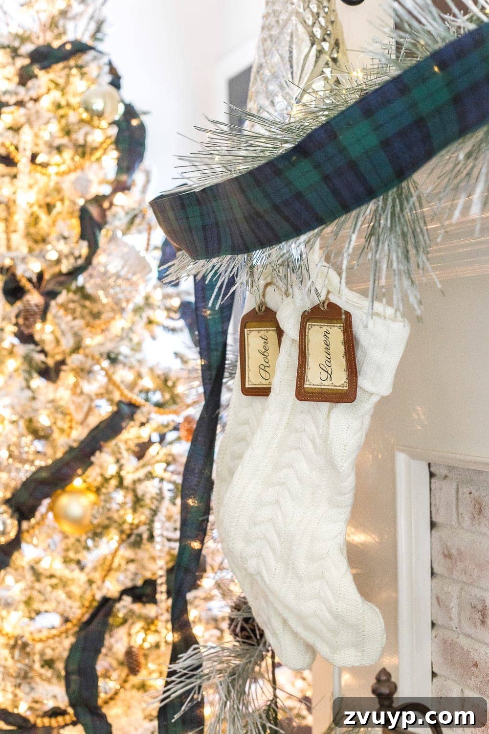 Festive Home Tours 2018 32 Personalized Christmas stockings hanging from the mantelpiece, featuring custom DIY ID badge tags and a classic plaid ribbon.
