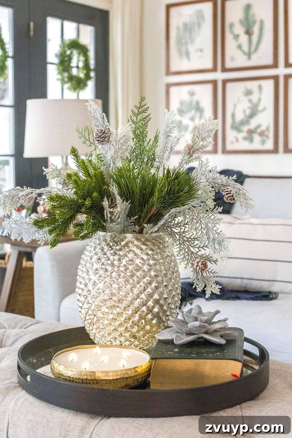 Festive Home Tours 2018 35 Windows in the living room adorned with simple, elegant IKEA wreaths, enhancing the festive atmosphere.