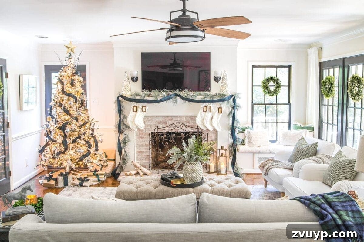 Festive Home Tours 2018 39 The back of the living room with a charming, rustic wooden table and a decorative sign, adding to the cozy Christmas ambiance.