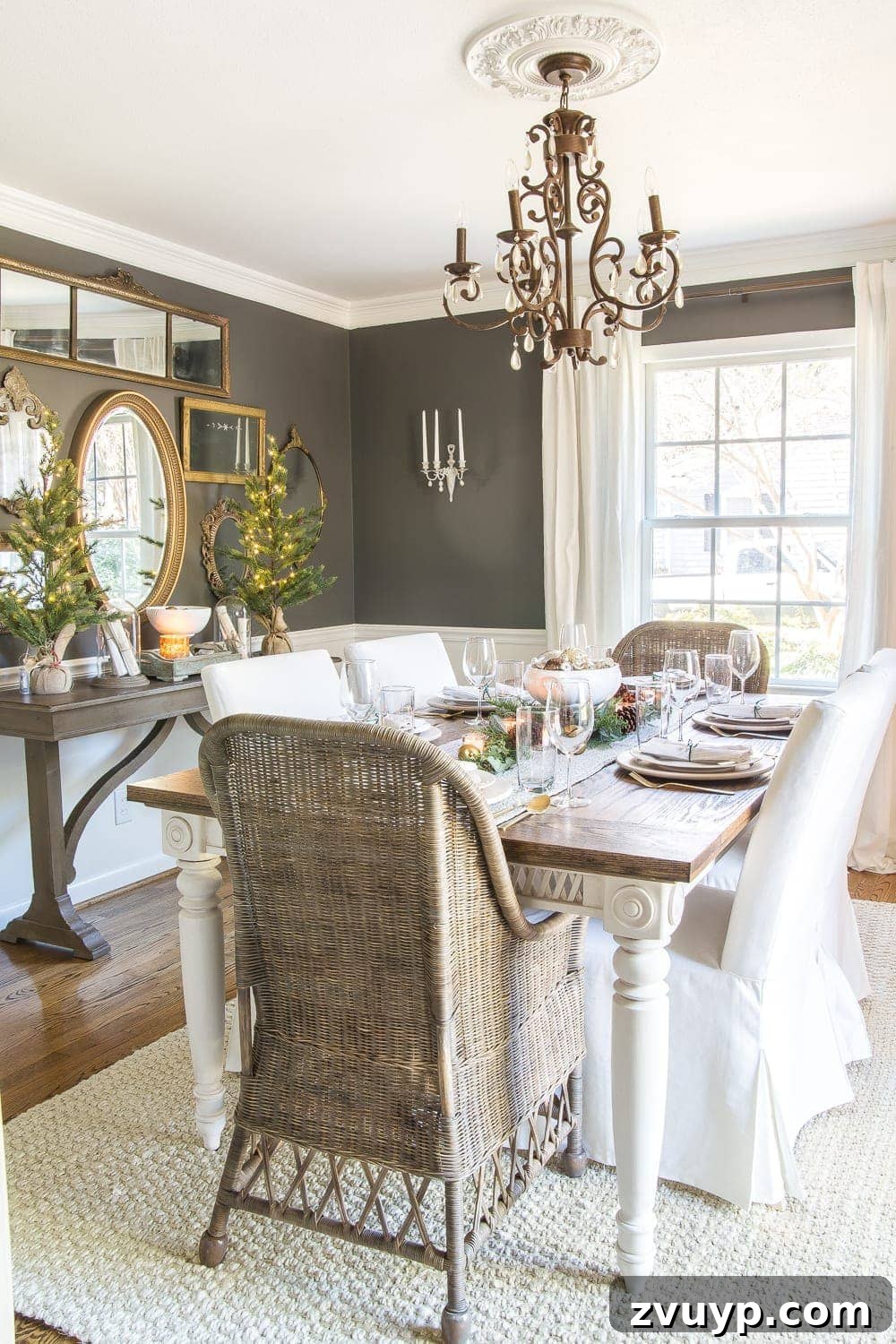 Festive Home Tours 2018 8 Close-up of the dining table centerpiece, showcasing a pedestal bowl filled with glass ornaments, creating a simple yet elegant Christmas decoration.