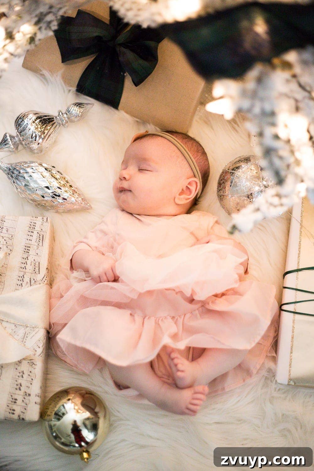 Cozy Christmas Captures: Easy DIY Family Photos at Home 12 Baby's First Christmas photoshoot under a glowing tree, capturing precious holiday memories with beautiful bokeh