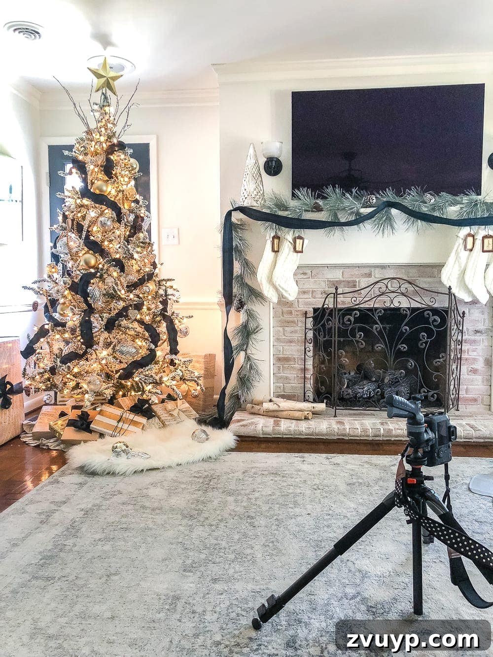 Cozy Christmas Captures: Easy DIY Family Photos at Home 5 Step-by-step guide on how to set up your camera for a DIY Christmas family photoshoot in front of a tree for optimal results and magical lighting