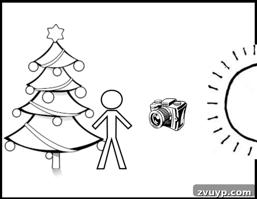 Cozy Christmas Captures: Easy DIY Family Photos at Home 7 Diagram illustrating how to position subjects between a Christmas tree and a window for ideal lighting in a DIY Christmas photoshoot