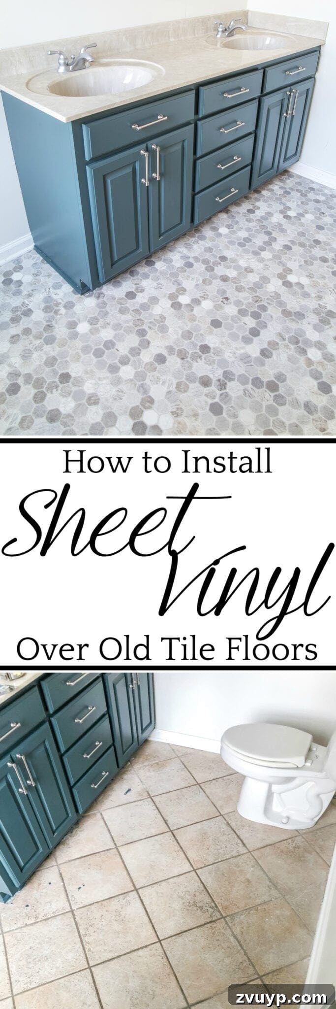 DIY Floor Makeover Seamless Sheet Vinyl Over Tile 22 Pin this post for later: All the supplies and steps needed for installing sheet vinyl flooring over old tile yourself for a temporary fix.