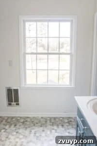 DIY Floor Makeover Seamless Sheet Vinyl Over Tile 26 Thumbnail image illustrating a step for installing sheet vinyl flooring on an existing tile floor.