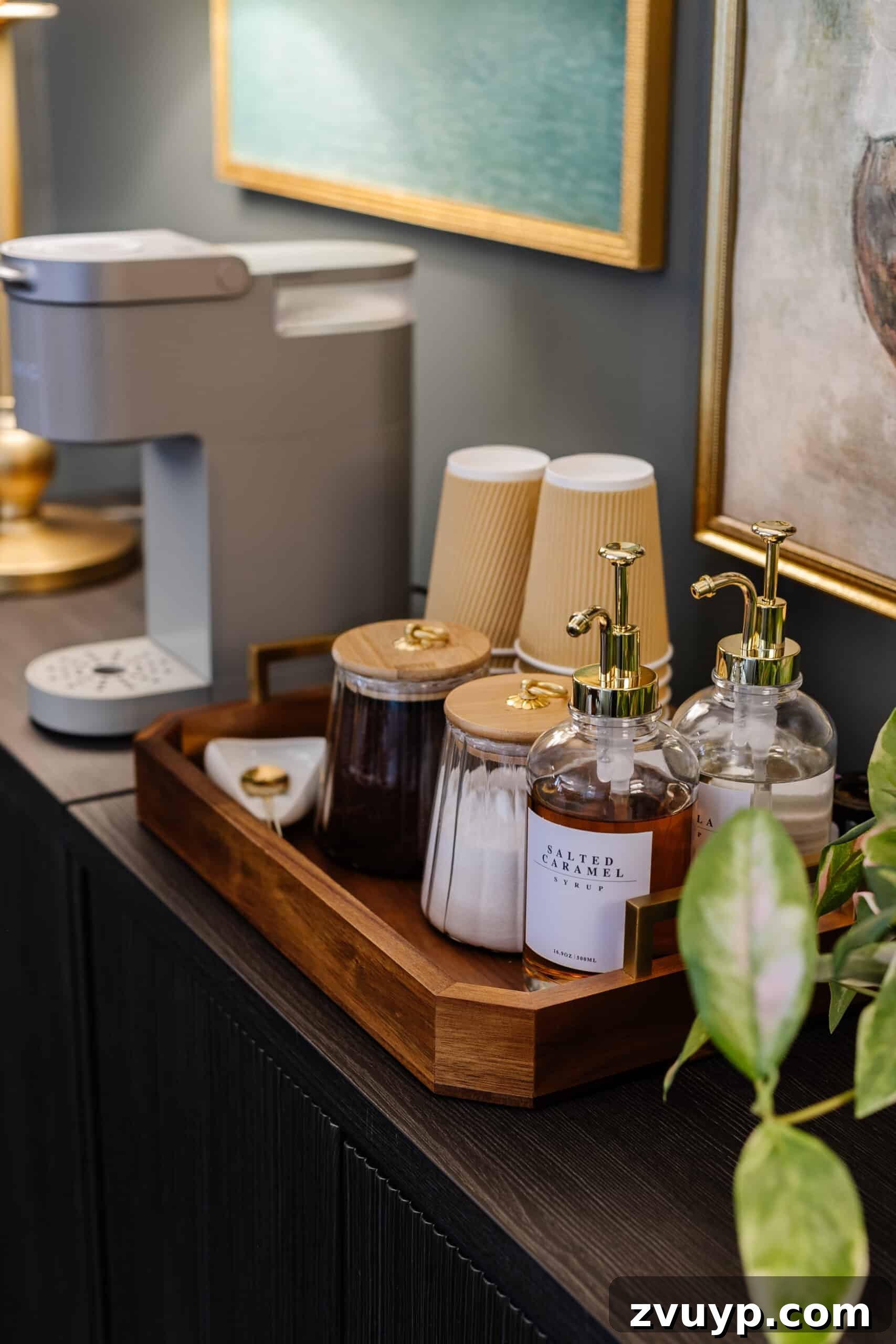 Clever Ways to Camouflage Household Eyesores 31 office coffee station with syrup dispensers and coffee canisters