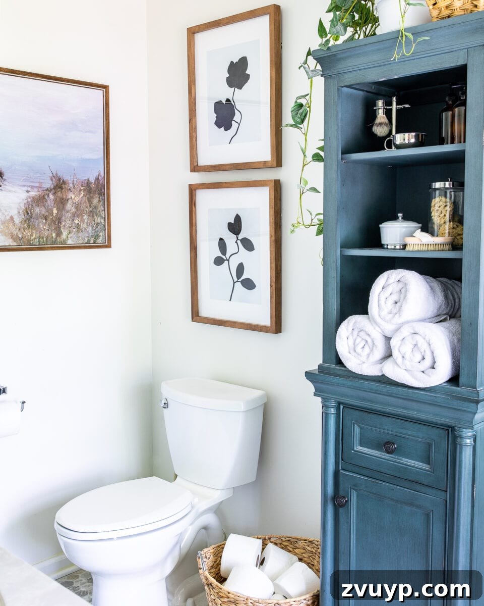 The Art of Affordable Bathroom Luxury 5 DIY silhouette leaf bathroom art using spray paint and faux leaves – an easy and elegant project