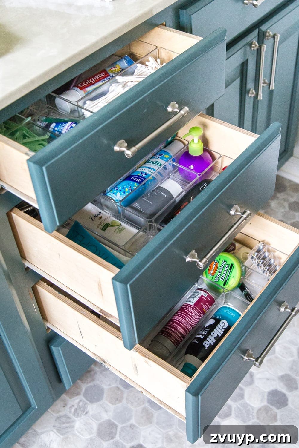 From Mess to Marvel: 6 Steps to a Perfect Bathroom Vanity 15 Beautifully Organized Bathroom Vanity Drawers - An inspiring image of multiple drawers, each perfectly organized with clear dividers and labeled sections.
