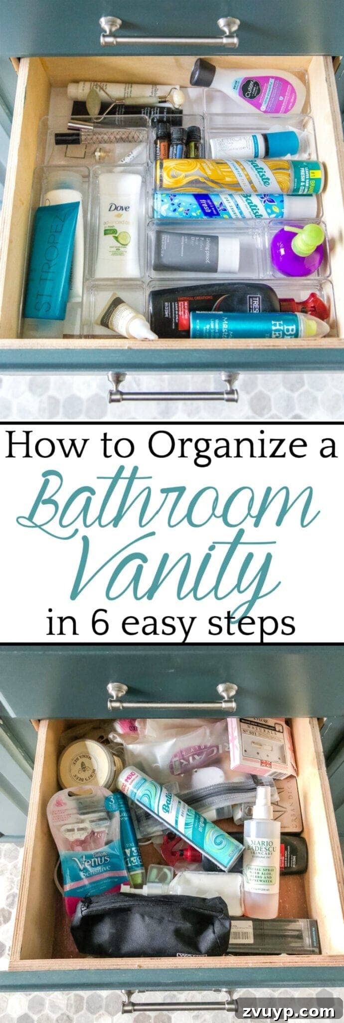 From Mess to Marvel: 6 Steps to a Perfect Bathroom Vanity 16 Pin for Later: Bathroom Vanity Organization Tips - A vertical pin-friendly image summarizing bathroom organization steps and tools.