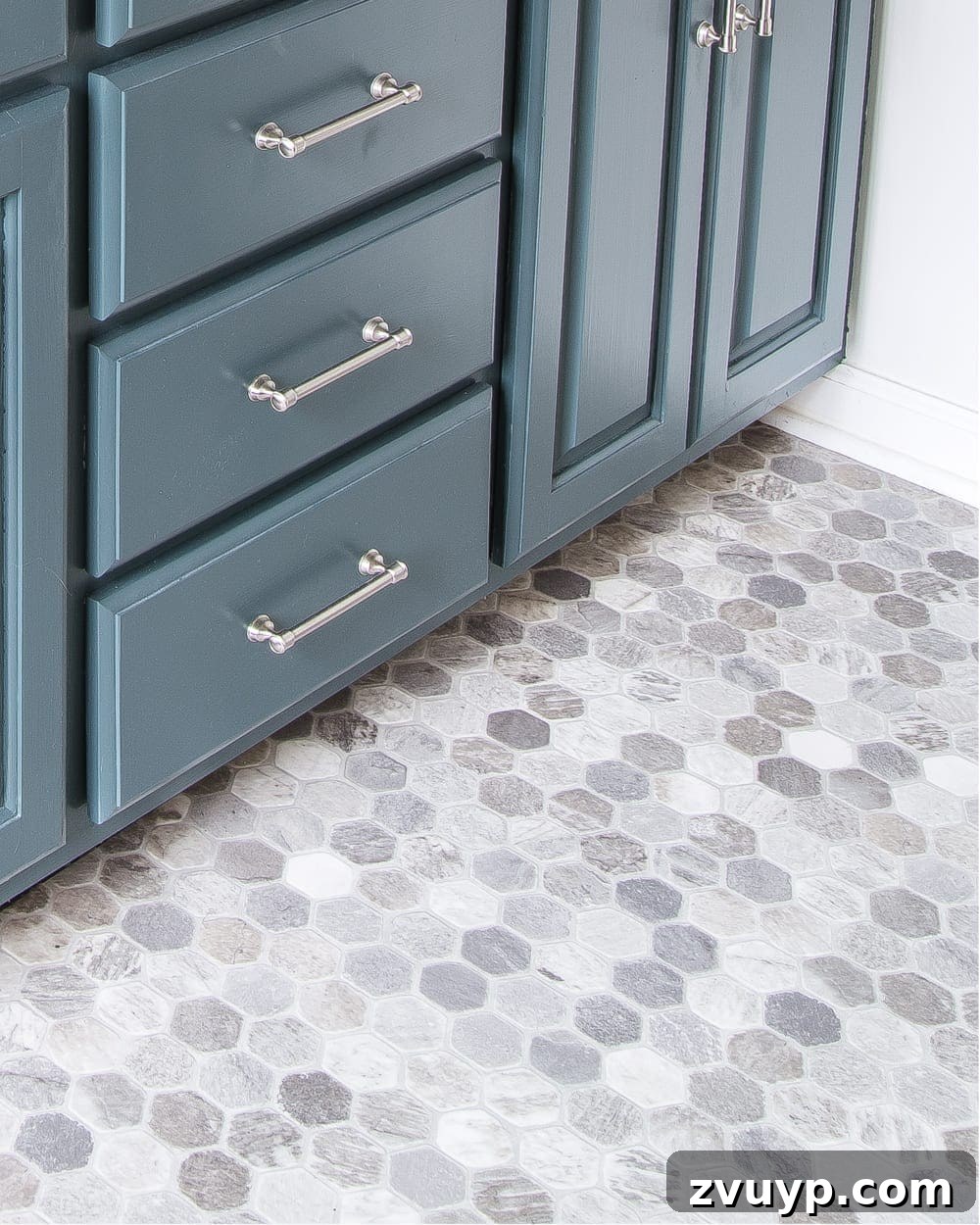 Budget Master Bath Glow-Up Unveiled 28 Budget Master Bathroom Refresh Reveal: Hexagon tile look sheet vinyl flooring offers a stylish and practical update.