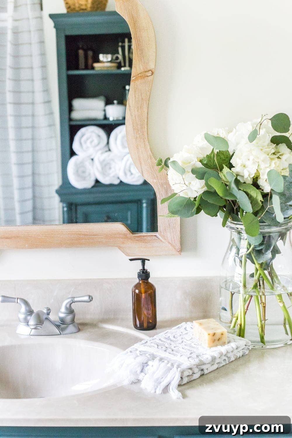 Budget Master Bath Glow-Up Unveiled 5 Budget Master Bathroom Refresh Reveal: Benjamin Moore White Dove walls and painted vanity create a warm, inviting atmosphere.