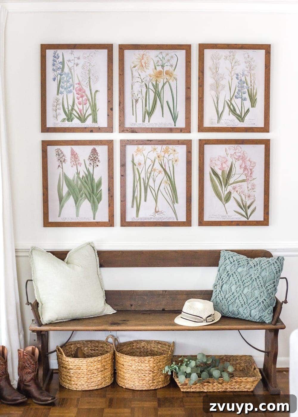 Blooming and Bright: Our Spring Home Reveal 21 Simple Spring Home Tour | Craigslist bench with baskets underneath for a makeshift mud room and free botanical prints for spring.