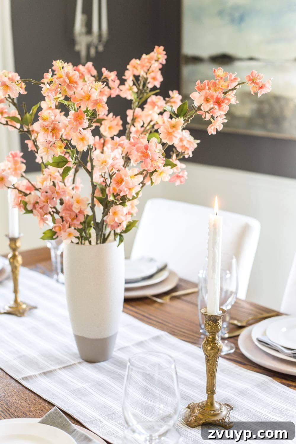 Blooming and Bright: Our Spring Home Reveal 4 Simple Spring Home Tour | Faux cherry blossoms as a simple dining table centerpiece