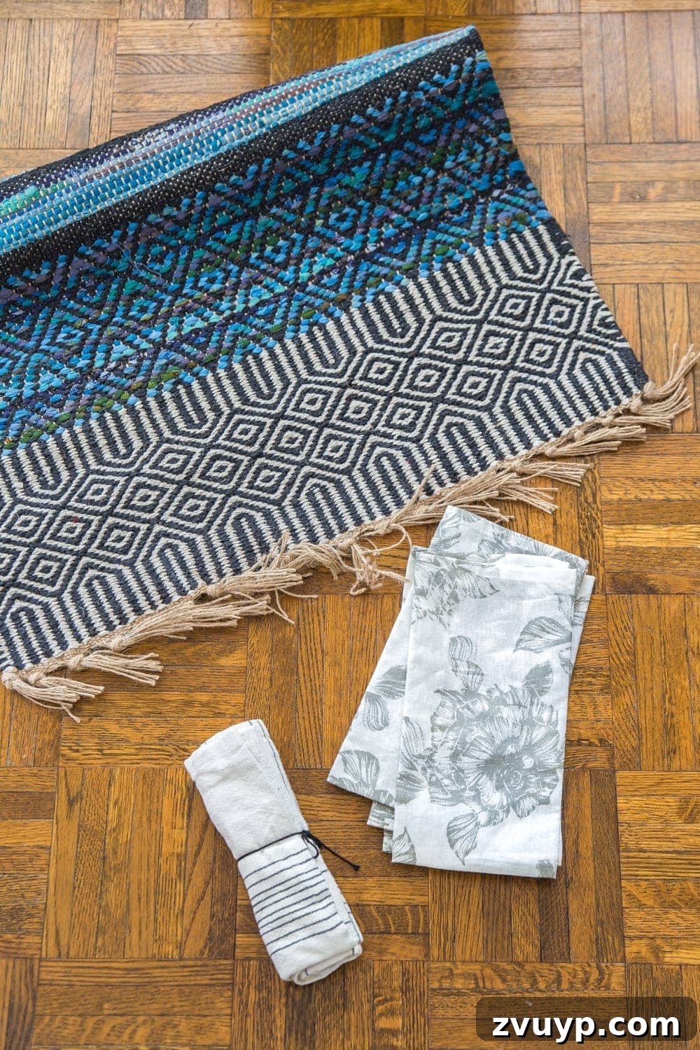 3 Clever Ways to Upcycle Household Items into DIY Throw Pillows 3 Three everyday household items you can repurpose into DIY no-sew throw pillows: a rug, a kitchen towel, and cloth napkins.
