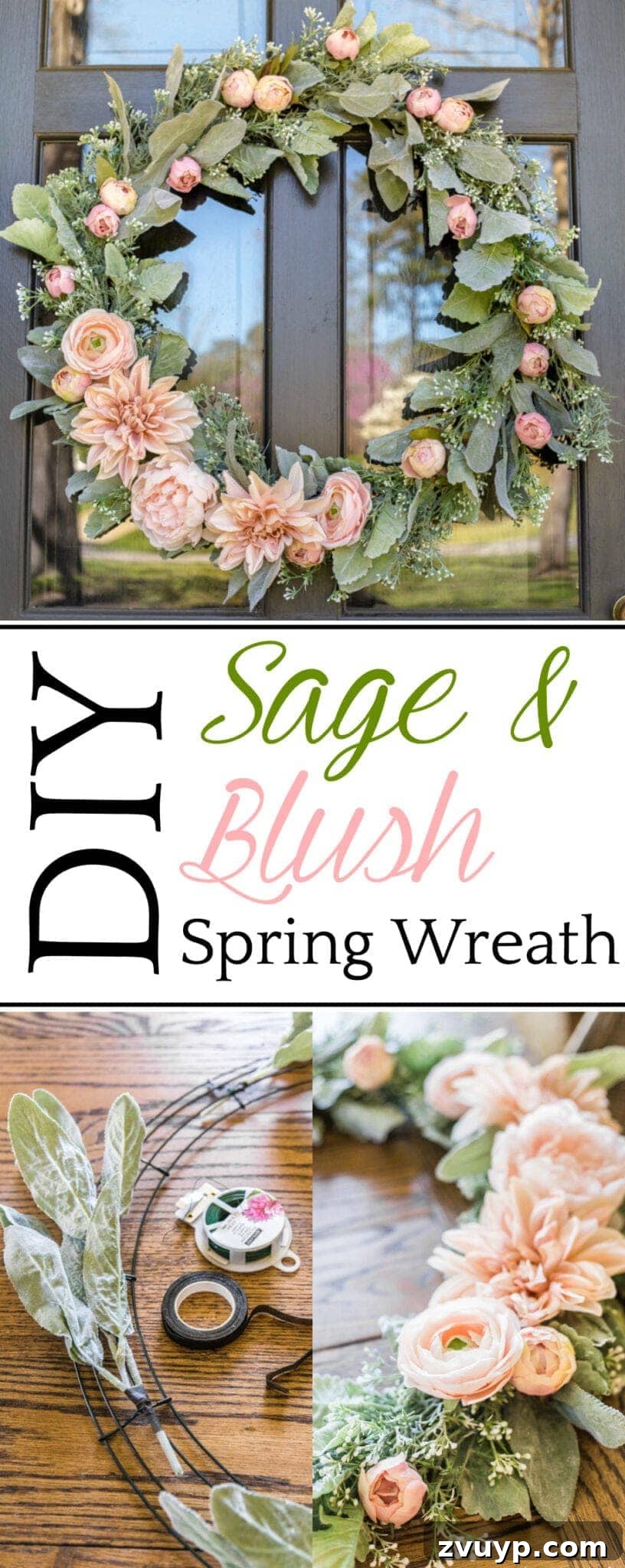 Handcrafted Sage and Blush Spring Wreath 14 Pin this tutorial: DIY Sage and Blush Spring Wreath – a beautiful handmade floral wreath for soft, romantic spring decor.