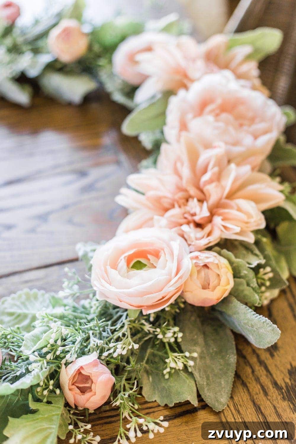 Handcrafted Sage and Blush Spring Wreath 8 DIY Sage and Blush Spring Wreath | The finished handmade spring wreath, showcasing lush greenery and delicate blush florals, ready to adorn your front door.