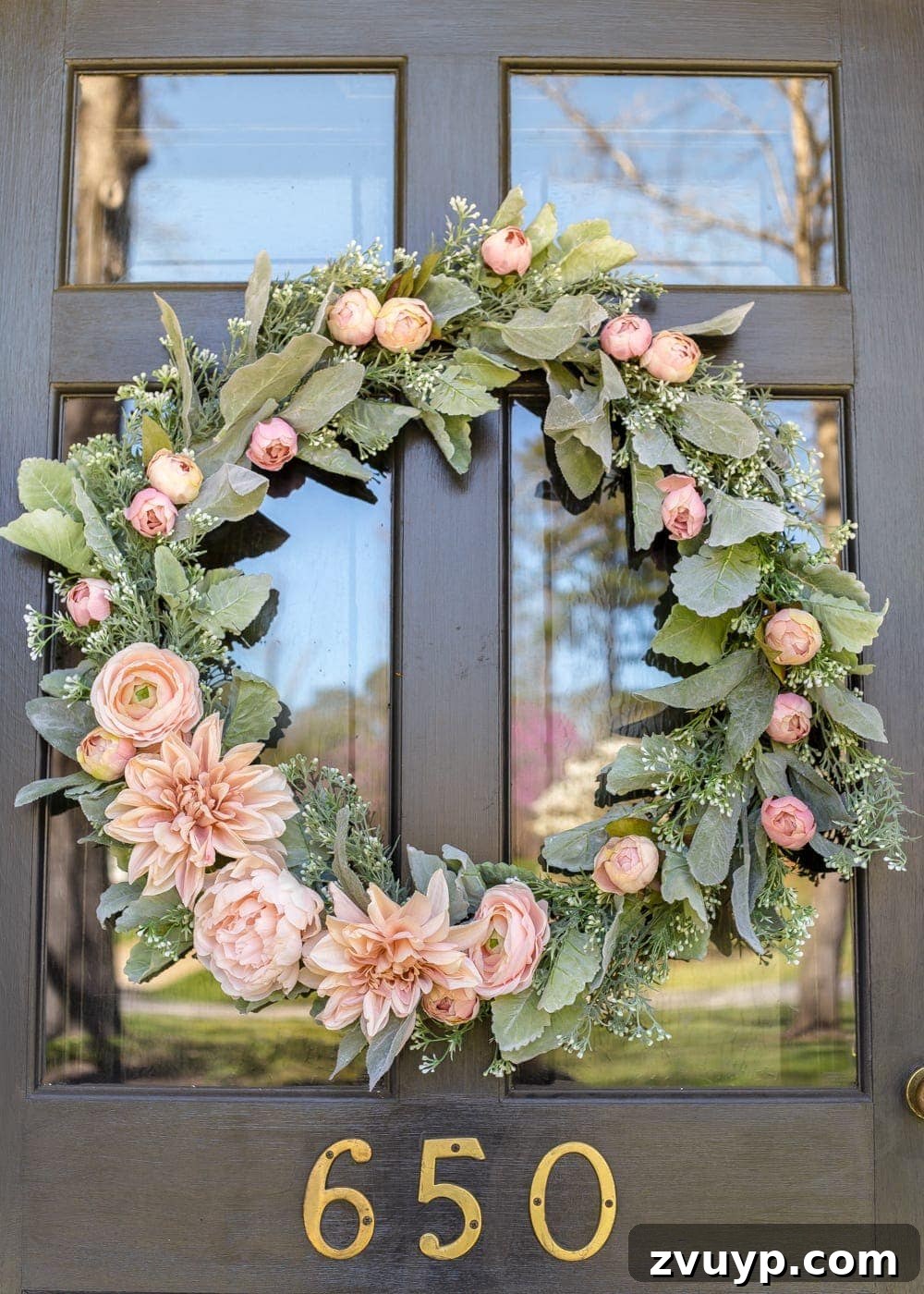 Handcrafted Sage and Blush Spring Wreath 9 DIY Sage and Blush Spring Wreath on a front door, eagerly awaiting the arrival of spring.