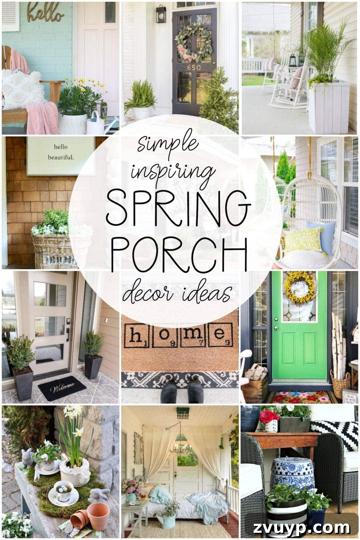 Simple Spring Porch Makeover Ideas 2 A beautifully decorated front porch for spring featuring a layered welcome mat, potted plants, and a charming floral wreath.