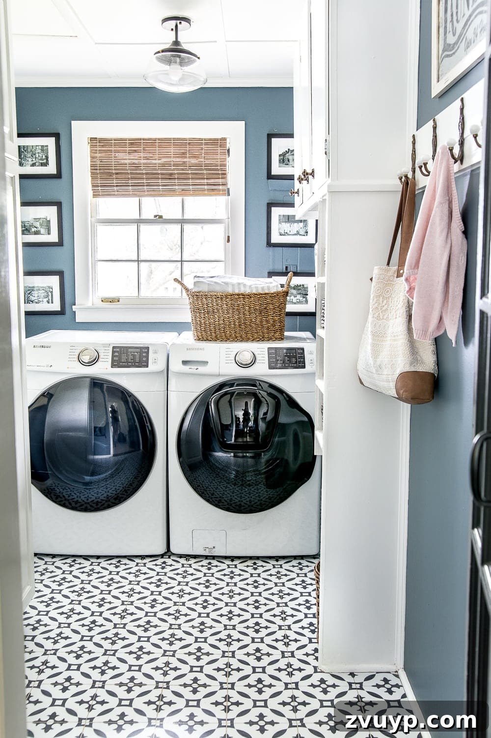 Our Home's Two Year Evolution A Before and After Tour 21 After shot of the laundry room, featuring a striking vinyl patterned tile floor that adds a bold and stylish element.