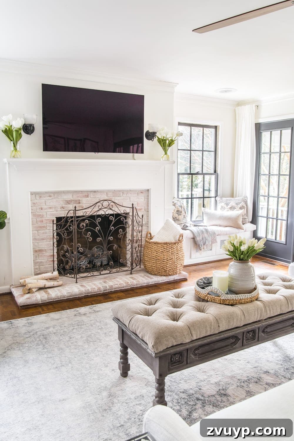 Our Home's Two Year Evolution A Before and After Tour 32 Close-up of the spring mantel decor in the living room, featuring simple yet elegant accents that bring life to the space.
